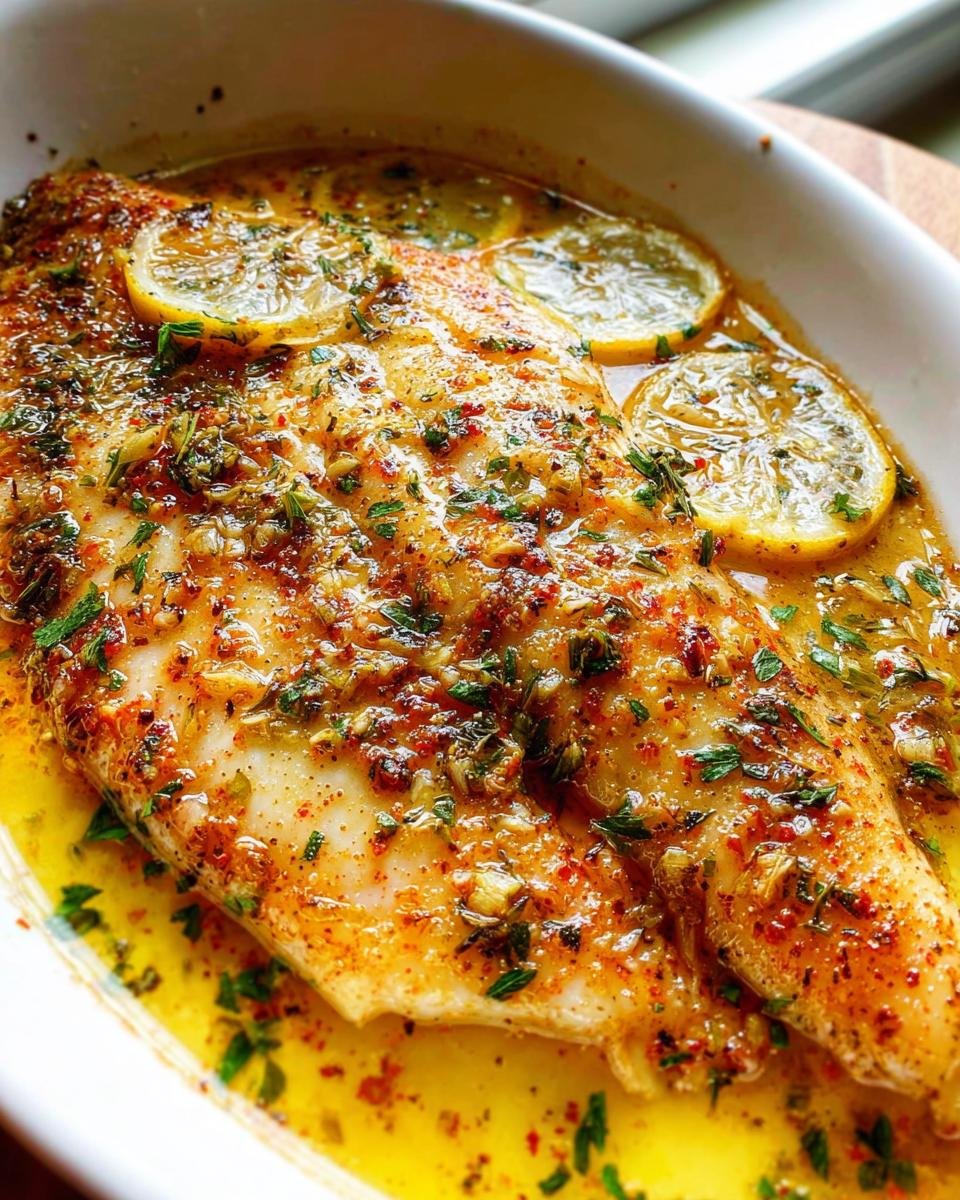 Close-up of a baked fillet of Lemon Garlic Tilapia swimming in a rich, buttery sauce with lemon slices and herbs.