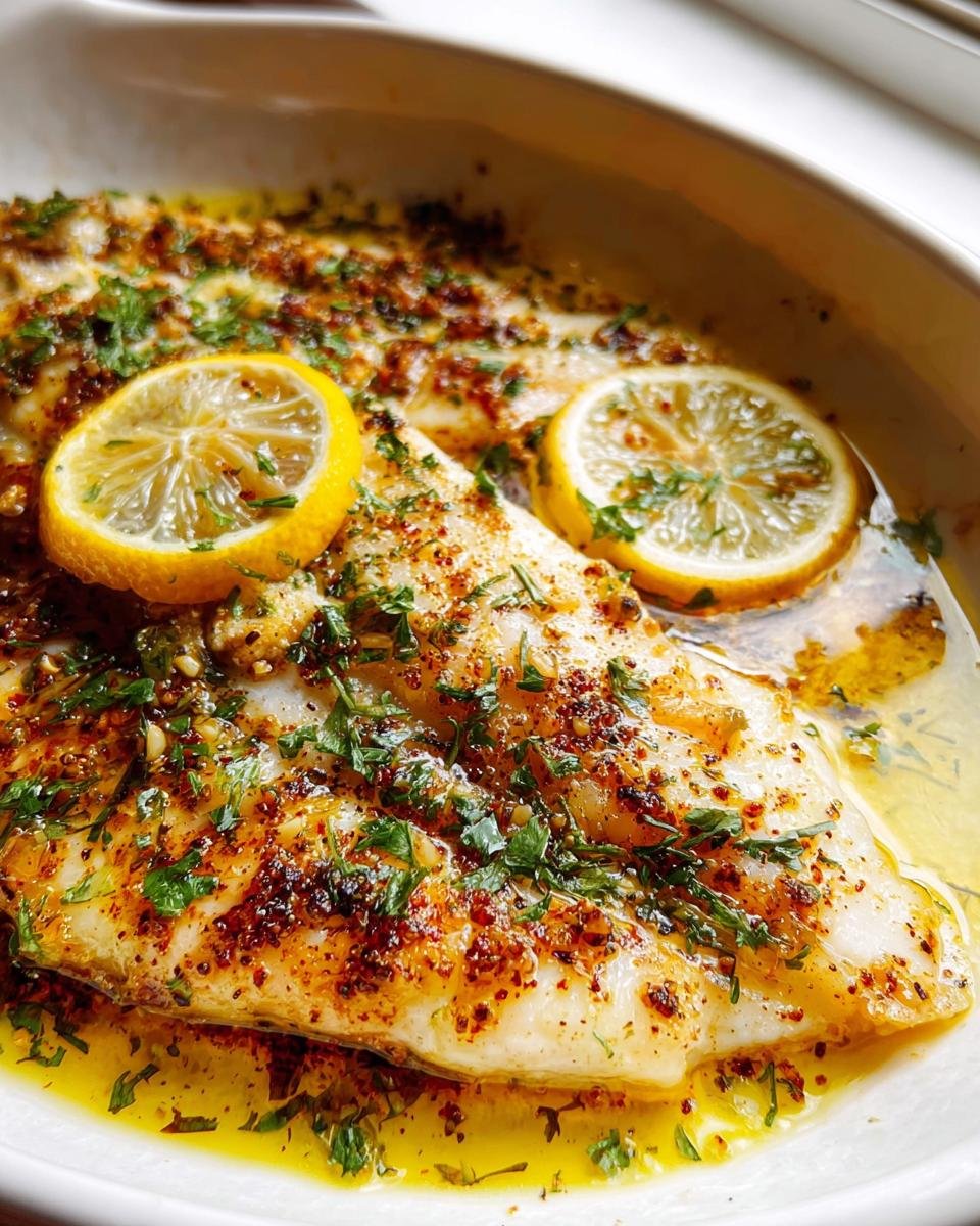A close-up of perfectly cooked Lemon Garlic Tilapia topped with fresh parsley, spices, and two lemon slices.