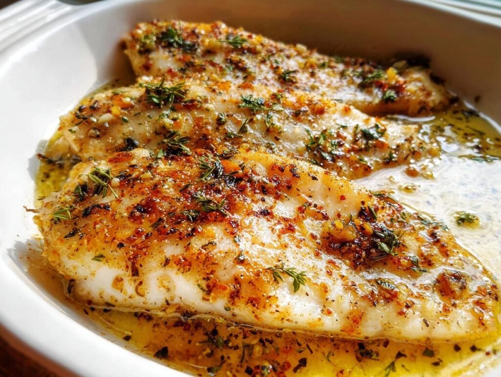 Two perfectly cooked Lemon Garlic Tilapia fillets swimming in a rich, herbed lemon butter sauce in a white dish.