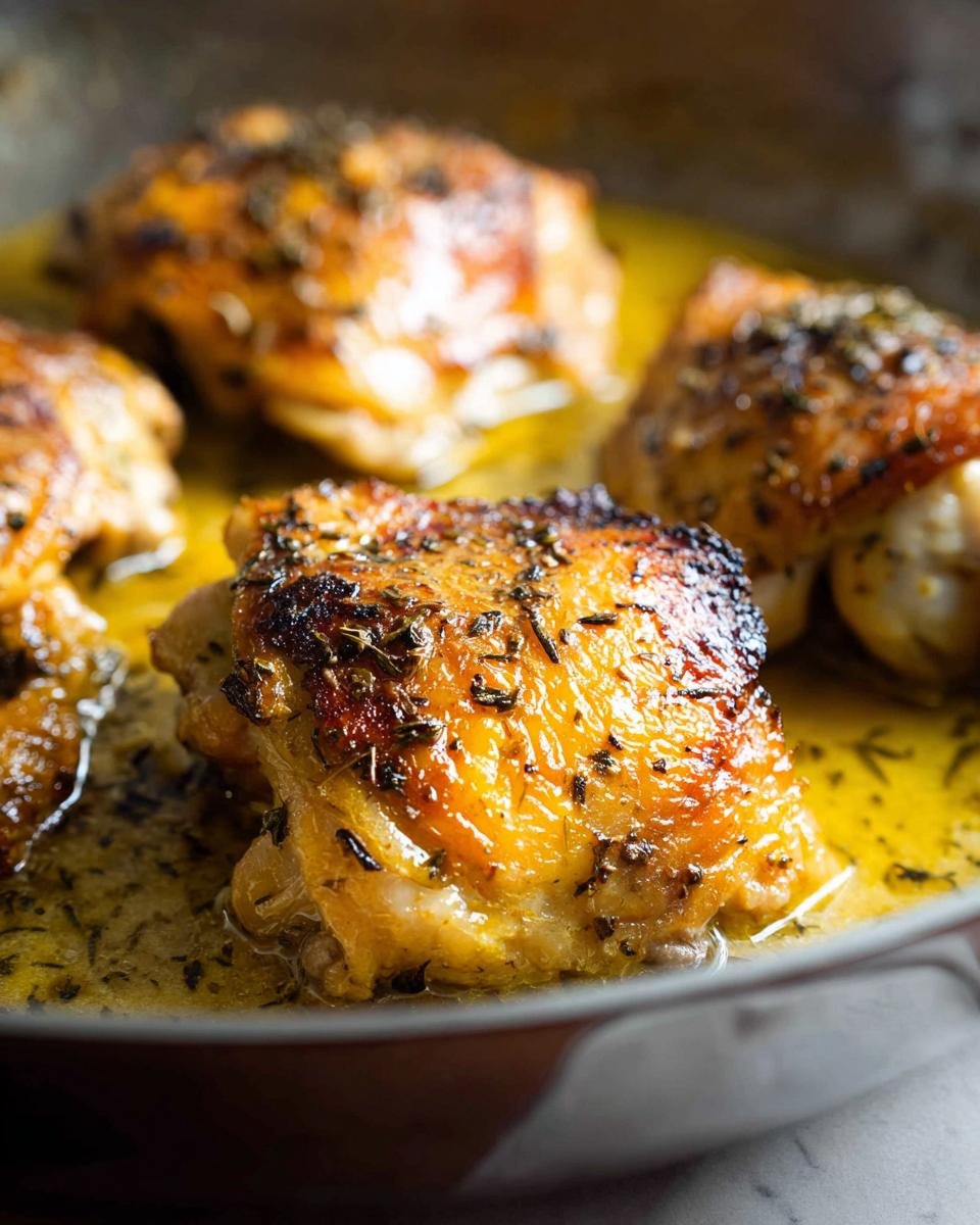 Close-up of crispy, golden Lemon Herb Skillet Thighs simmering in yellow pan juices.
