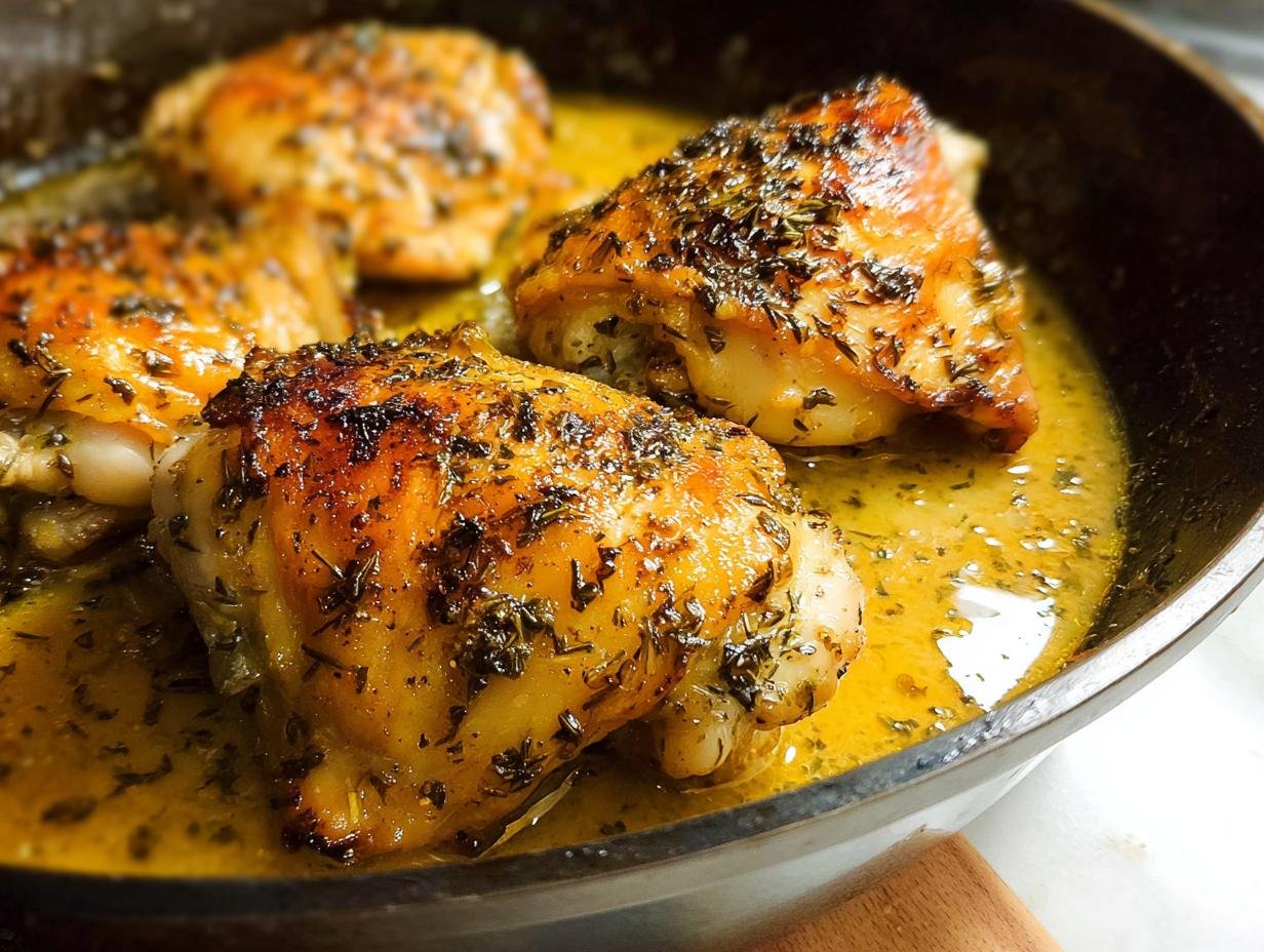 Close-up of crispy, golden Lemon Herb Skillet Thighs simmering in a bright yellow lemon herb sauce in a dark skillet.