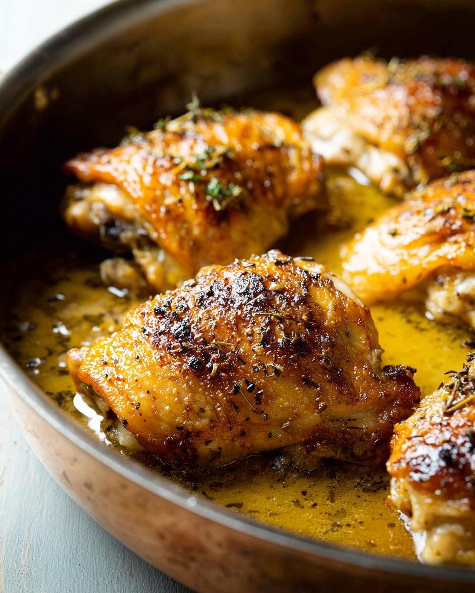 Close-up of crispy, golden-brown Lemon Herb Skillet Thighs simmering in buttery pan juices.