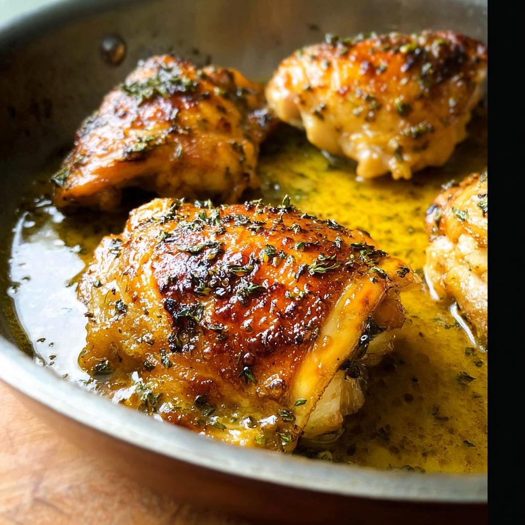 Close-up of golden brown Lemon Herb Skillet Thighs simmering in a buttery lemon herb sauce in a skillet.