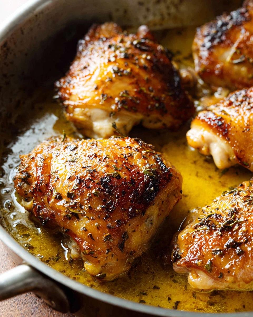 Close-up of crispy, golden-brown Lemon Herb Skillet Thighs searing in flavorful yellow pan juices.