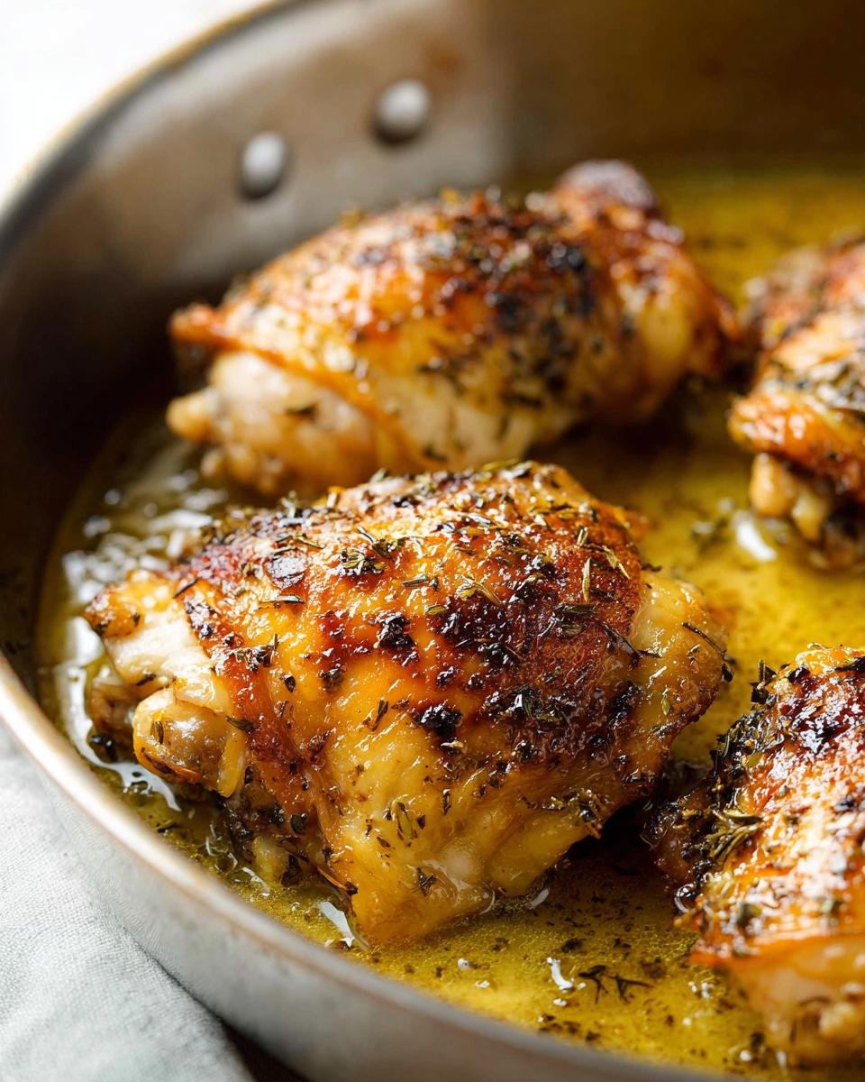 Close-up of golden-brown Lemon Herb Skillet Thighs sizzling in a pan with lemon herb sauce.