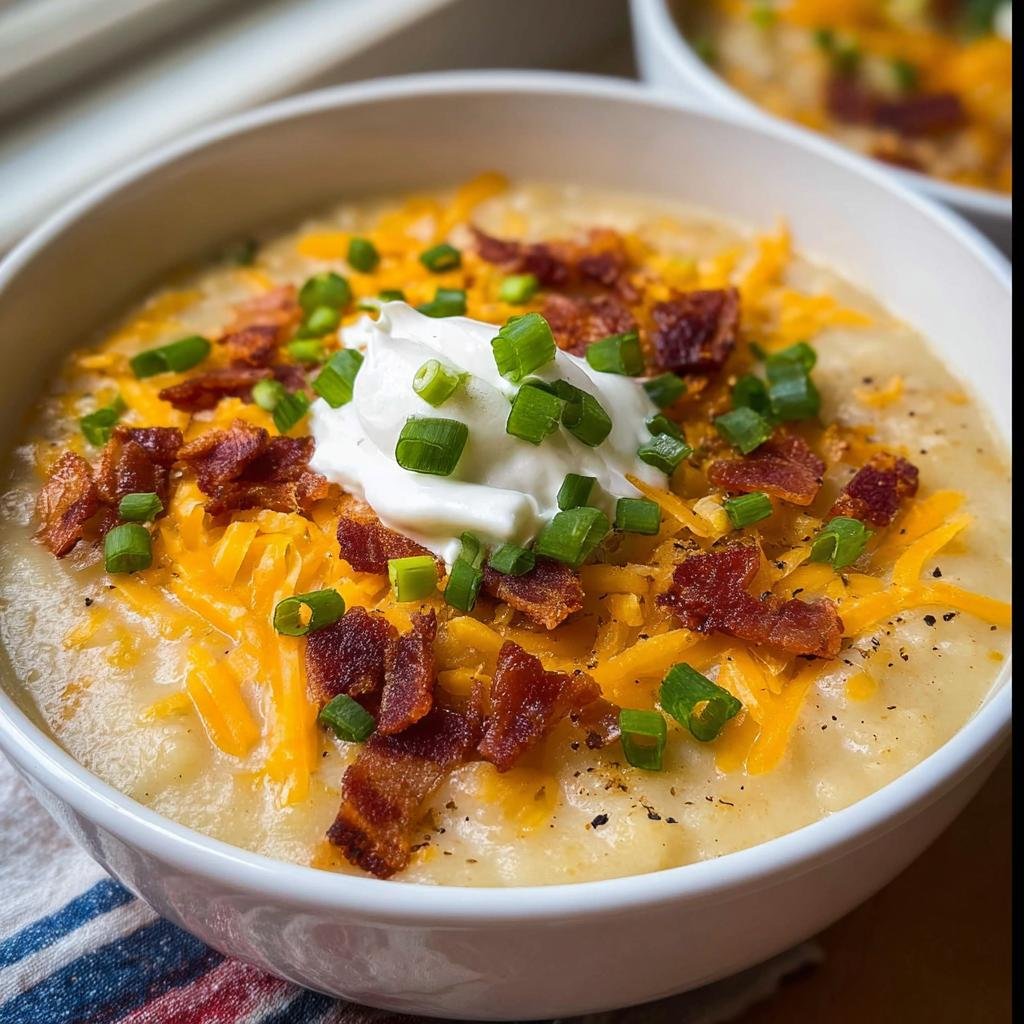 A close-up of a bowl of creamy Loaded Baked Potato Soup topped with shredded cheddar, bacon bits, sour cream, and chives.