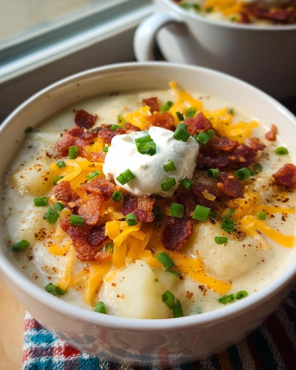 Close-up of a bowl of creamy Loaded Baked Potato Soup topped with sour cream, bacon, cheddar cheese, and chives.