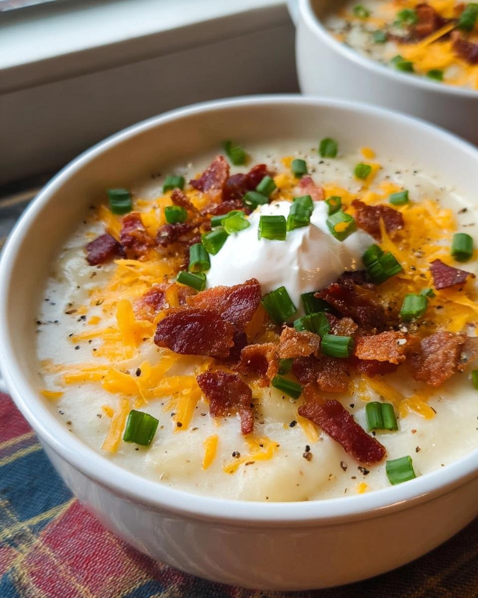 Close-up of a bowl of creamy Loaded Baked Potato Soup topped with sour cream, shredded cheddar, bacon bits, and green onions.