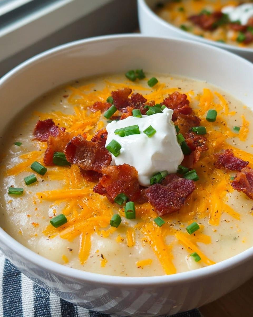 A close-up of rich Loaded Baked Potato Soup topped with shredded cheddar, bacon bits, sour cream, and chives.