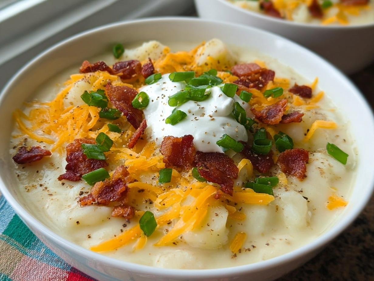 Close-up of a bowl of creamy Loaded Baked Potato Soup topped with shredded cheddar, bacon bits, sour cream, and chives.