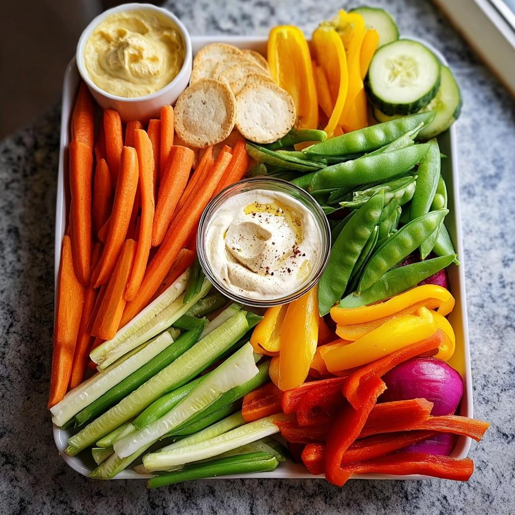 A vibrant Make-Ahead Veggie Tray featuring carrots, cucumbers, peppers, snap peas, and hummus dips.