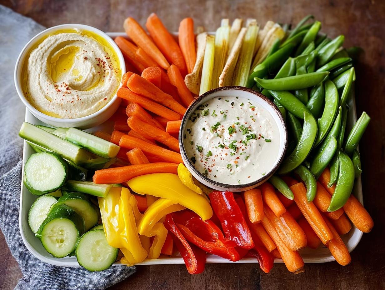 A vibrant Make-Ahead Veggie Tray featuring carrots, cucumbers, peppers, snap peas, and two dipping sauces.