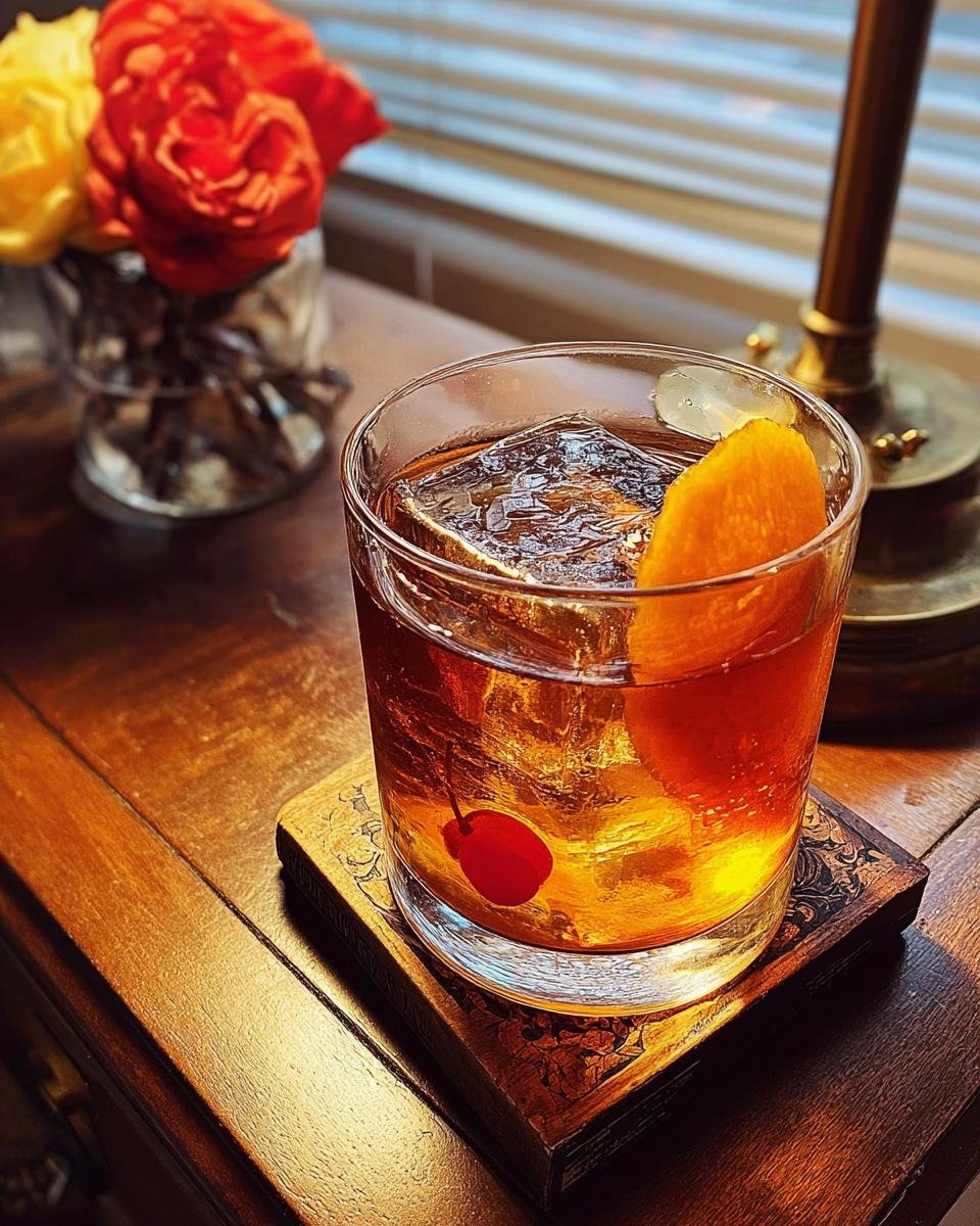 A close-up of a Maple Old Fashioned cocktail served in a rocks glass with a large ice cube, orange peel, and cherry.