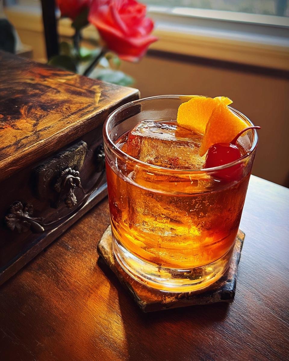 Close-up of a rich, amber Maple Old Fashioned cocktail served in a rocks glass with a large ice cube, orange peel, and cherry.
