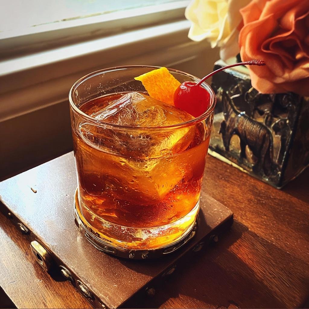 A classic Maple Old Fashioned cocktail served in a rocks glass with a large ice cube, orange peel, and maraschino cherry.