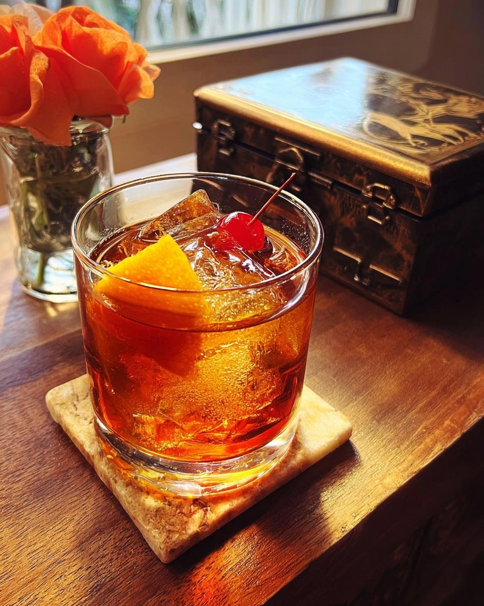 A vibrant Maple Old Fashioned cocktail served over ice with an orange peel and cherry garnish.