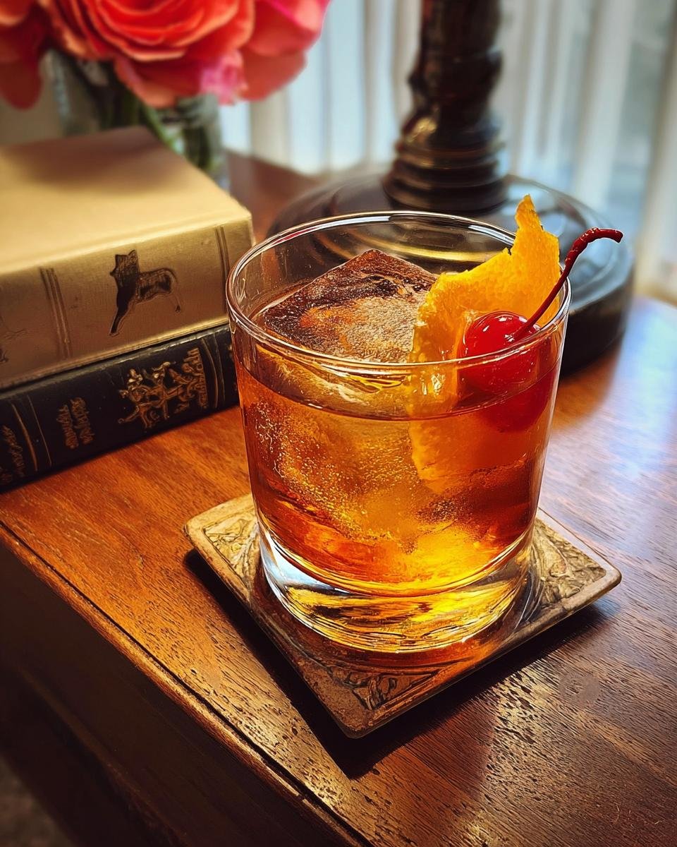 A perfectly crafted Maple Old Fashioned cocktail served over a large ice cube, garnished with an orange peel and cherry.