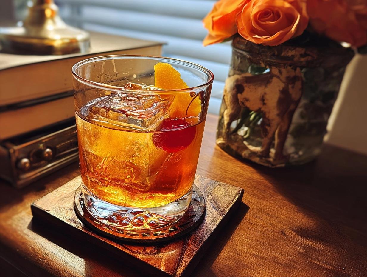 A perfectly crafted Maple Old Fashioned cocktail served over a large ice cube, garnished with an orange peel and cherry.