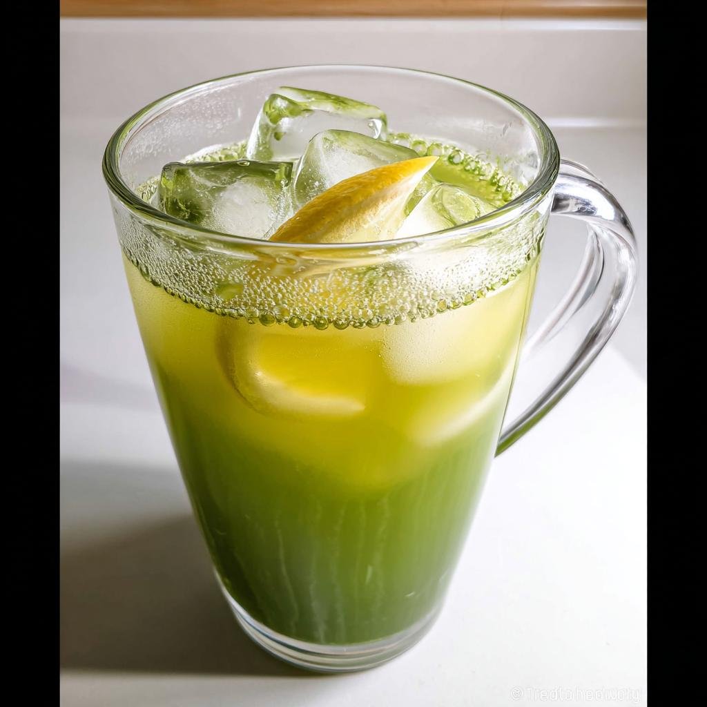 Close-up of a glass mug filled with iced Matcha Lemonade, showing green and yellow layers and a lemon slice.