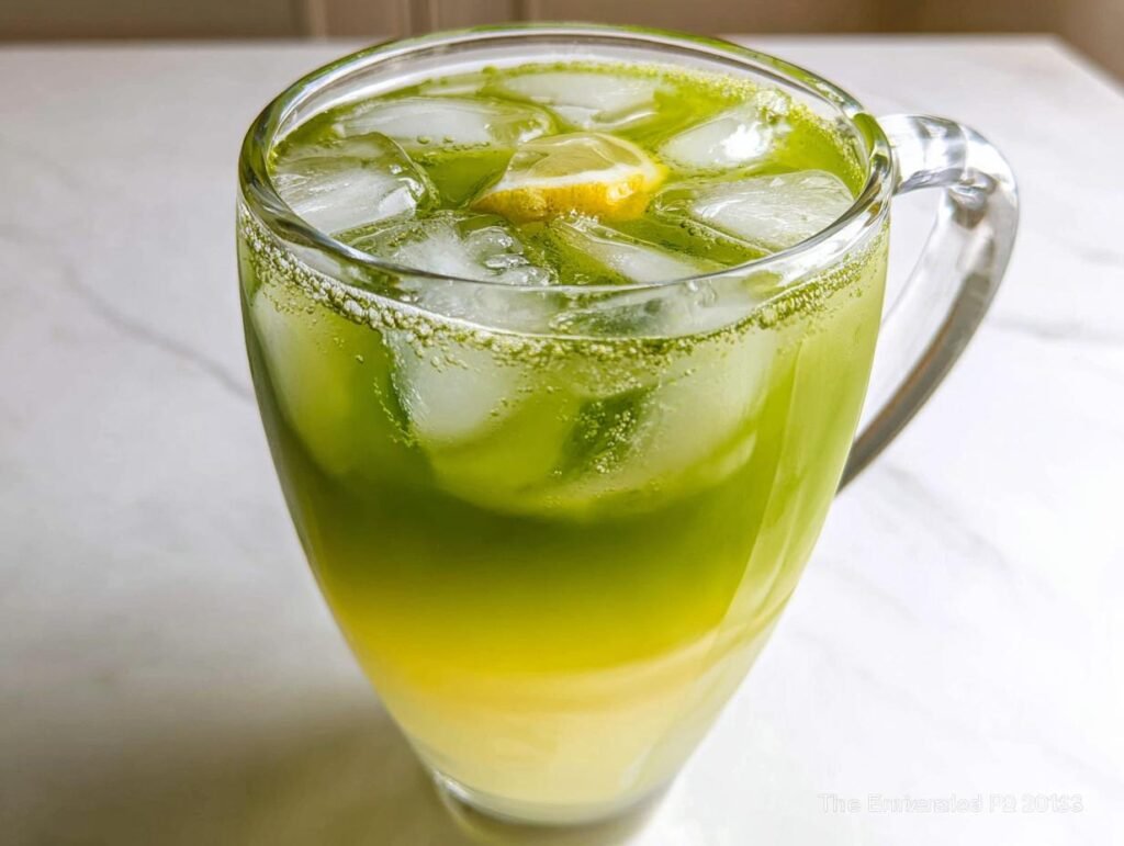 Close-up of a tall glass filled with layered Matcha Lemonade, ice cubes, and a lemon slice.