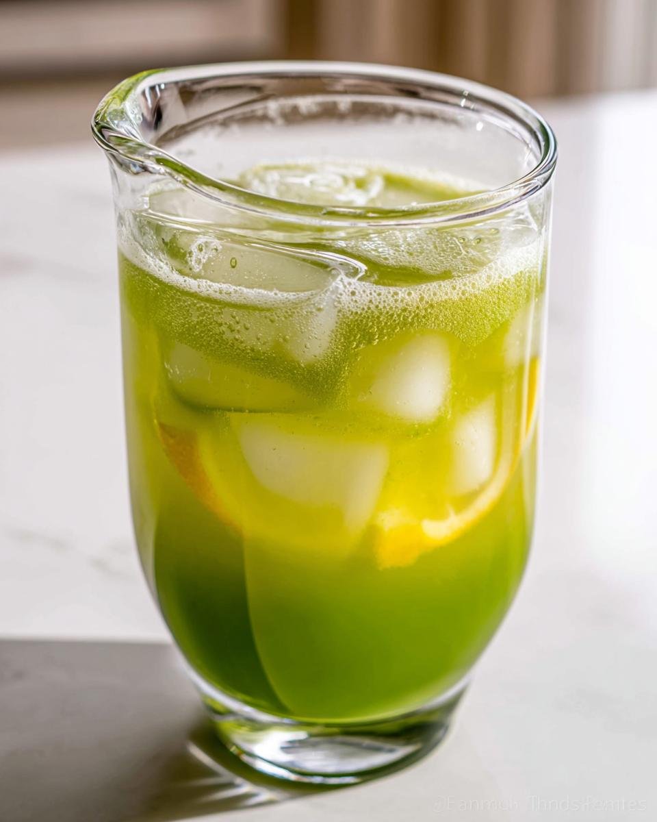 Close-up of a glass filled with vibrant green Matcha Lemonade, ice cubes, and lemon slices.