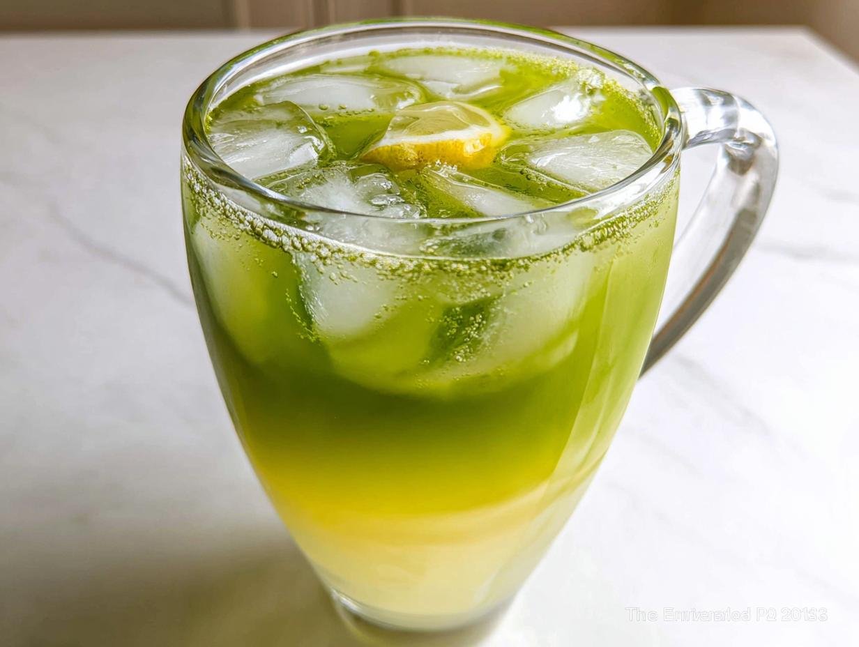 Close-up of a tall glass filled with layered Matcha Lemonade, ice cubes, and a lemon slice.