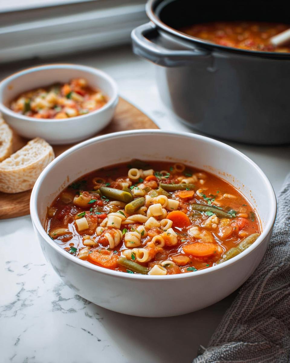 A close-up of a white bowl filled with Minestrone Soup with Pasta, featuring carrots, green beans, and ditalini pasta in a rich tomato broth.