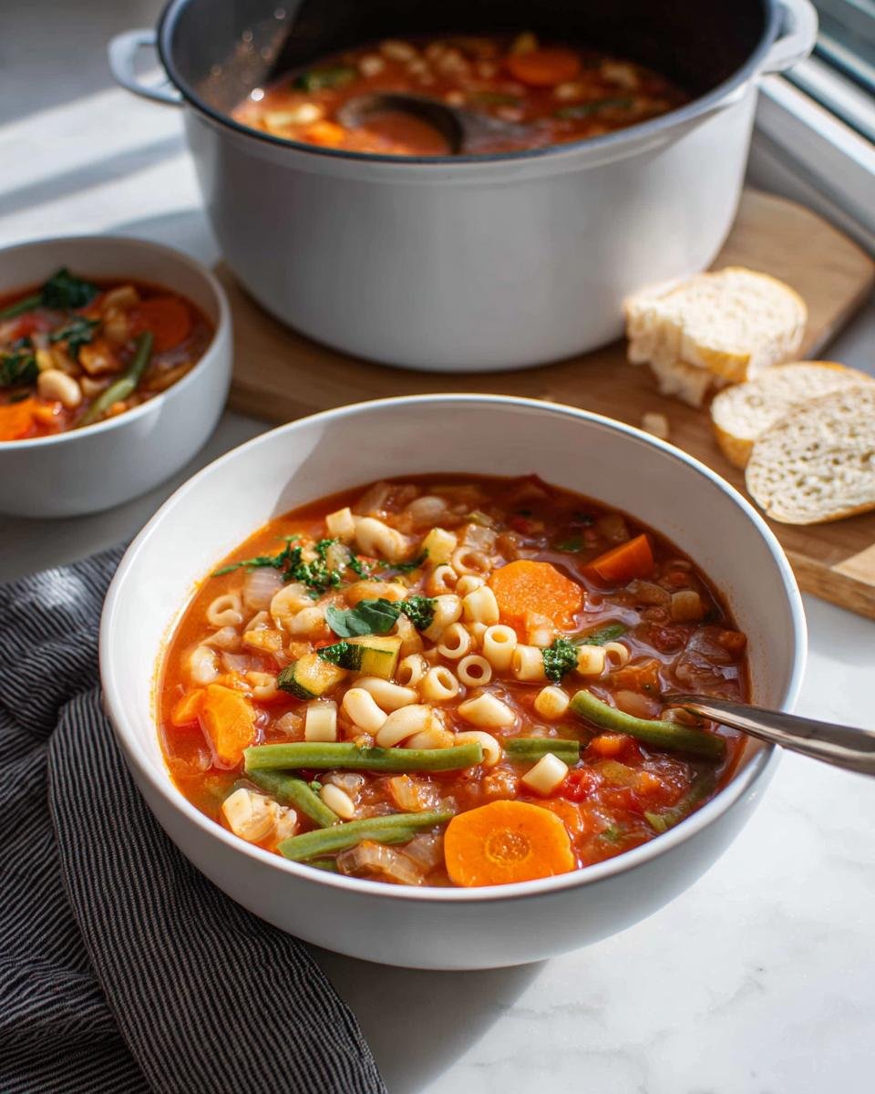 A close-up of a white bowl filled with vibrant Minestrone Soup with Pasta, featuring carrots, green beans, and ditalini pasta.