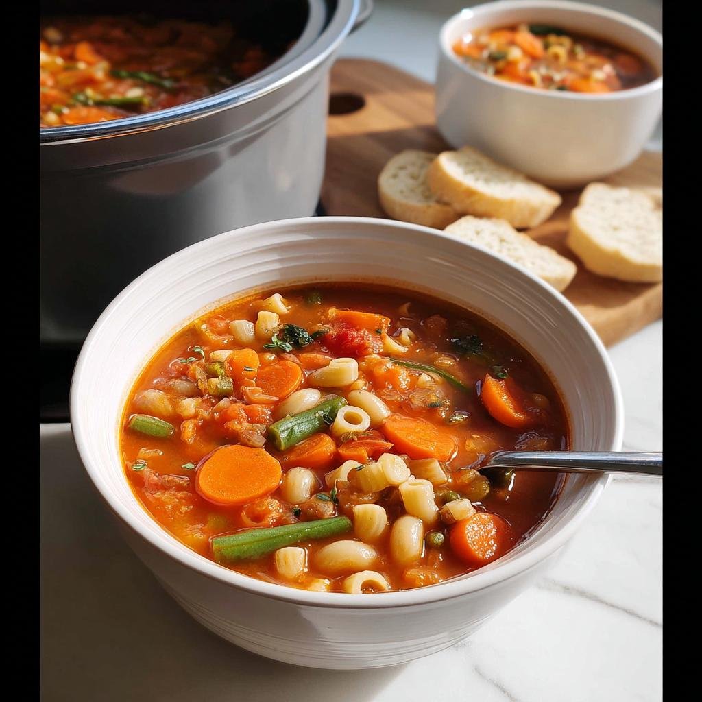 Close-up of a white bowl filled with vibrant Minestrone Soup with Pasta, featuring carrots, beans, and elbow macaroni.