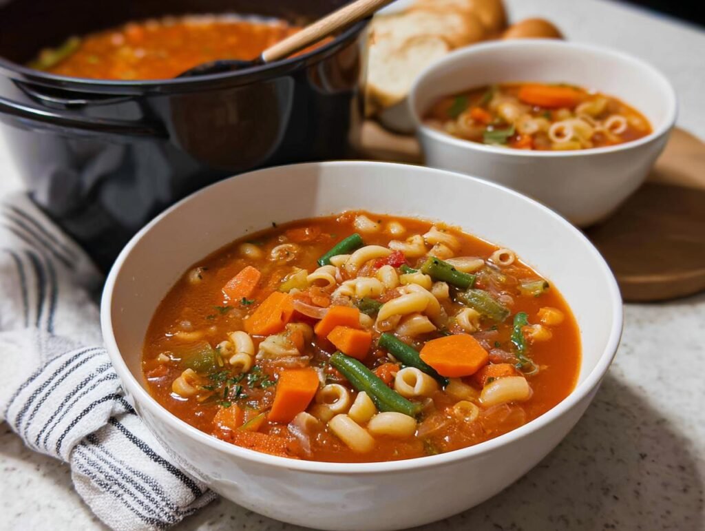 Close-up of a white bowl filled with rich Minestrone Soup with Pasta, featuring carrots, green beans, and elbow macaroni.