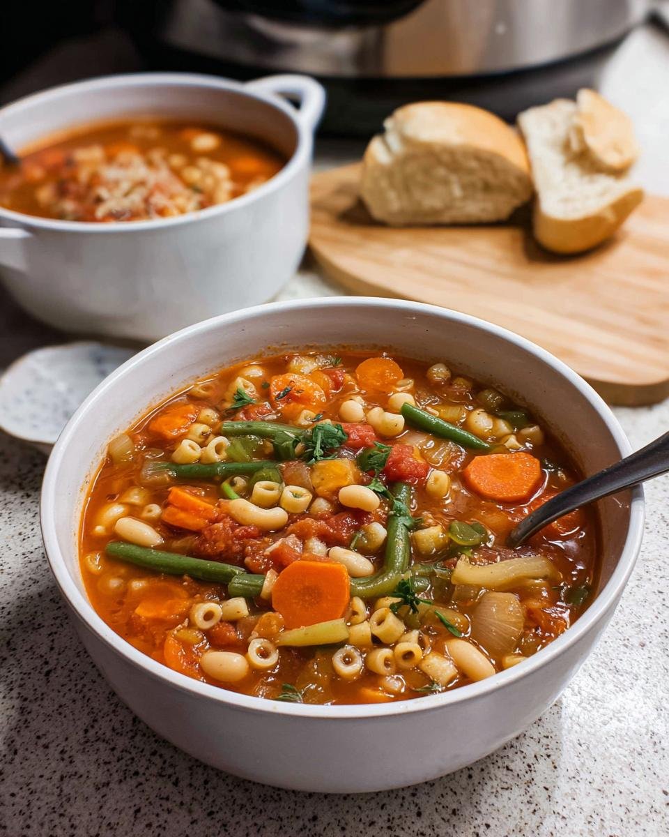 Close-up of a bowl of Minestrone Soup with Pasta, filled with vegetables, beans, and ditalini pasta.