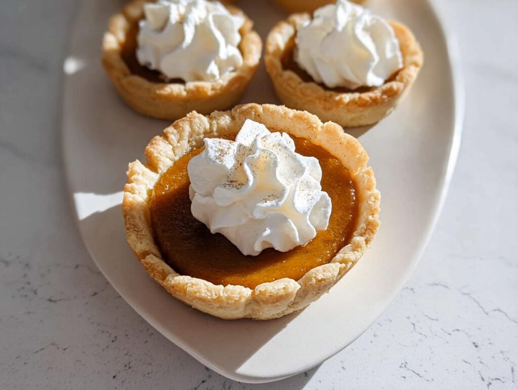 Close-up of delicious Mini Pumpkin Pies topped with a swirl of whipped cream and a sprinkle of spice.