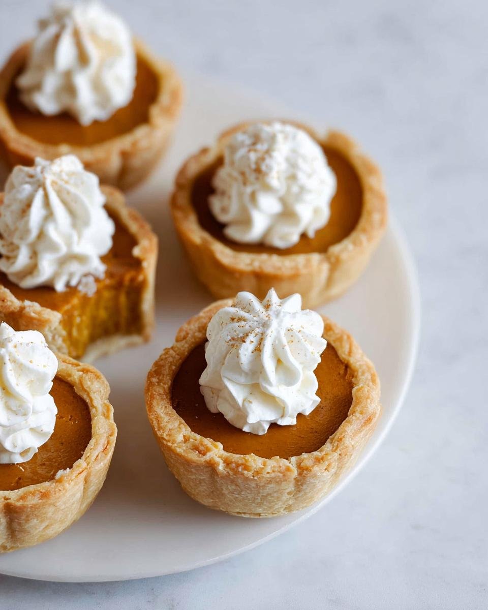 Several perfectly baked Mini Pumpkin Pies topped with swirls of whipped cream and a dusting of spice.