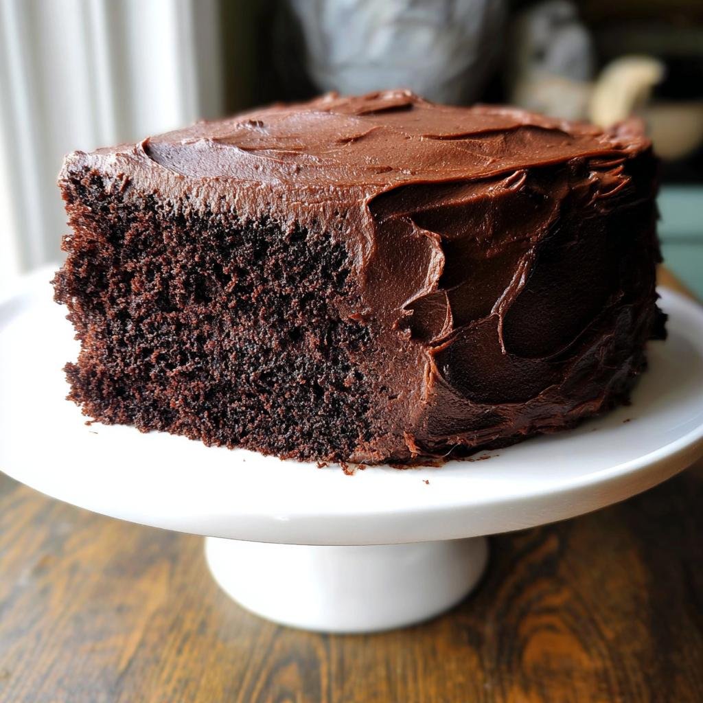 A thick slice of incredibly moist chocolate cake one bowl, covered in rich dark frosting, displayed on a white pedestal stand.