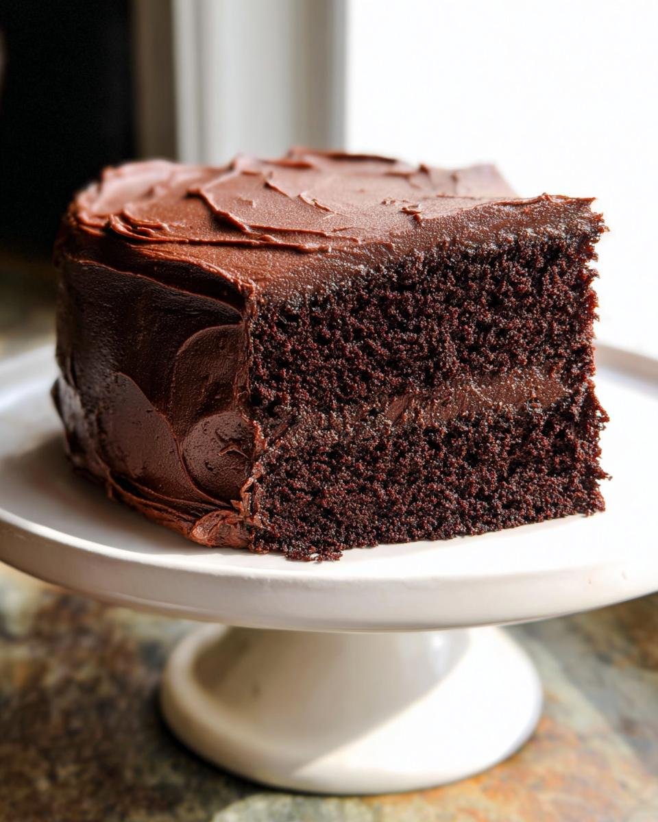 A rich, dark slice of Moist Chocolate Cake One Bowl with thick chocolate frosting on a white pedestal stand.