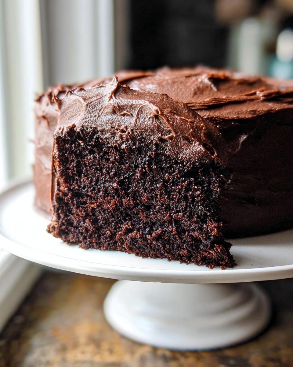 Close-up of a slice cut from a Moist Chocolate Cake One Bowl, showing its dark, rich crumb and thick chocolate frosting.