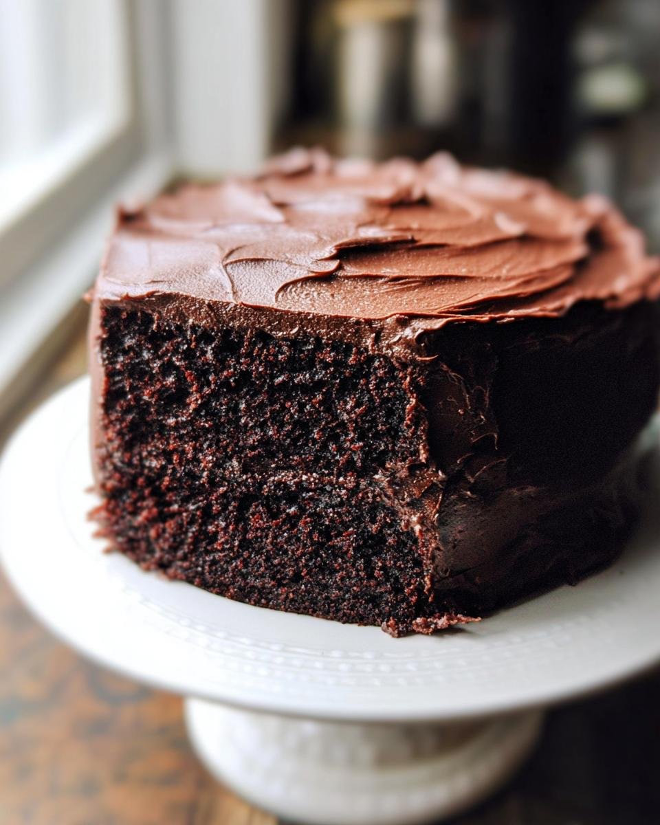 Close-up of a rich, dark slice of Moist Chocolate Cake One Bowl recipe on a white pedestal stand.