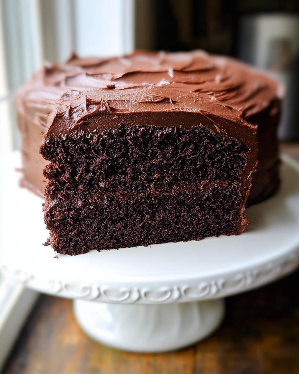 A slice cut from a deeply rich, Moist Chocolate Cake One Bowl, showing its dark, tender crumb and thick chocolate frosting.