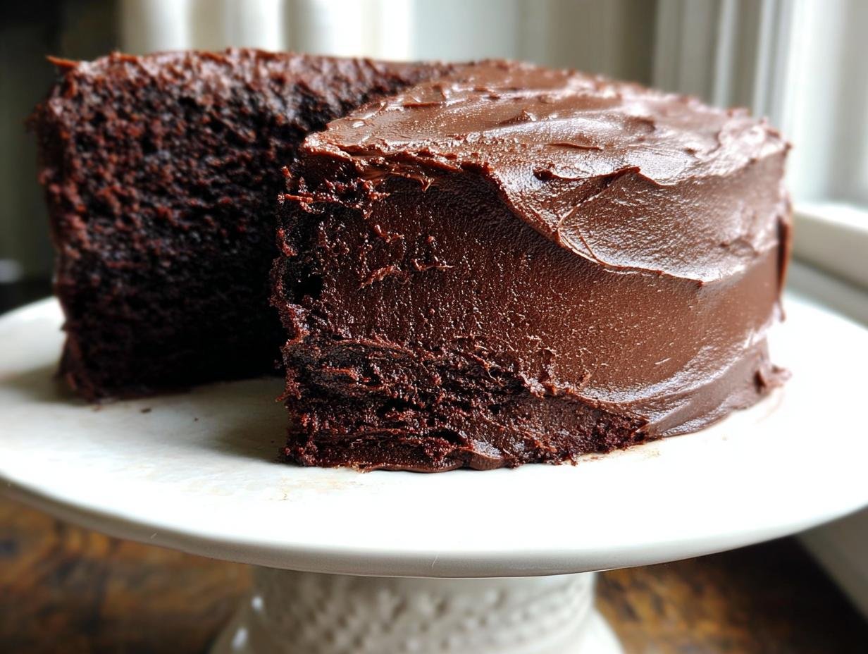 A rich, dark chocolate cake, showing a slice cut out to reveal the moist interior of the Moist Chocolate Cake One Bowl recipe.