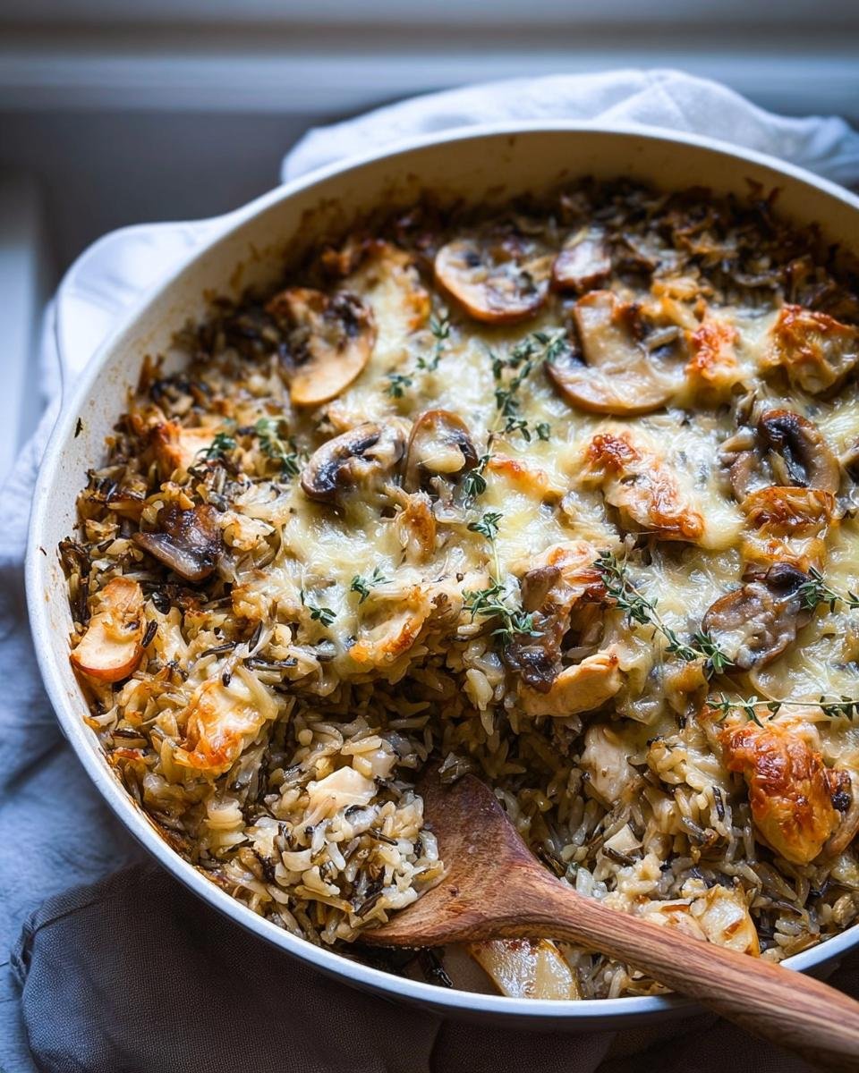 A creamy mushroom and wild rice casserole topped with melted cheese and fresh thyme, perfect for Cozy Fall Casseroles.