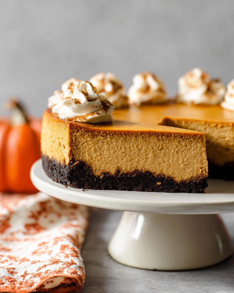 A slice of rich No-Bake Pumpkin Cheesecake with a dark crust, topped with whipped cream swirls.