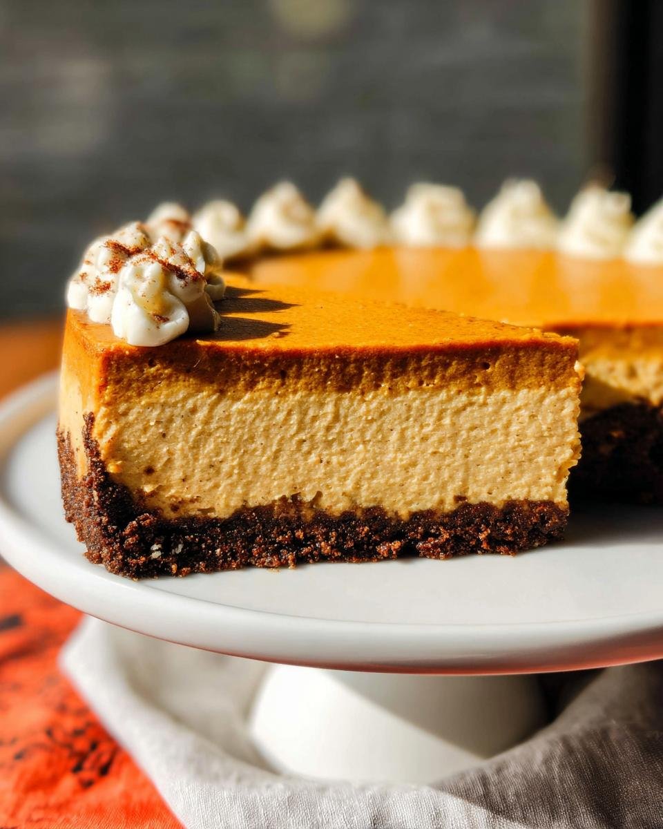 A perfect slice of No-Bake Pumpkin Cheesecake with a dark crust, topped with whipped cream dollops.