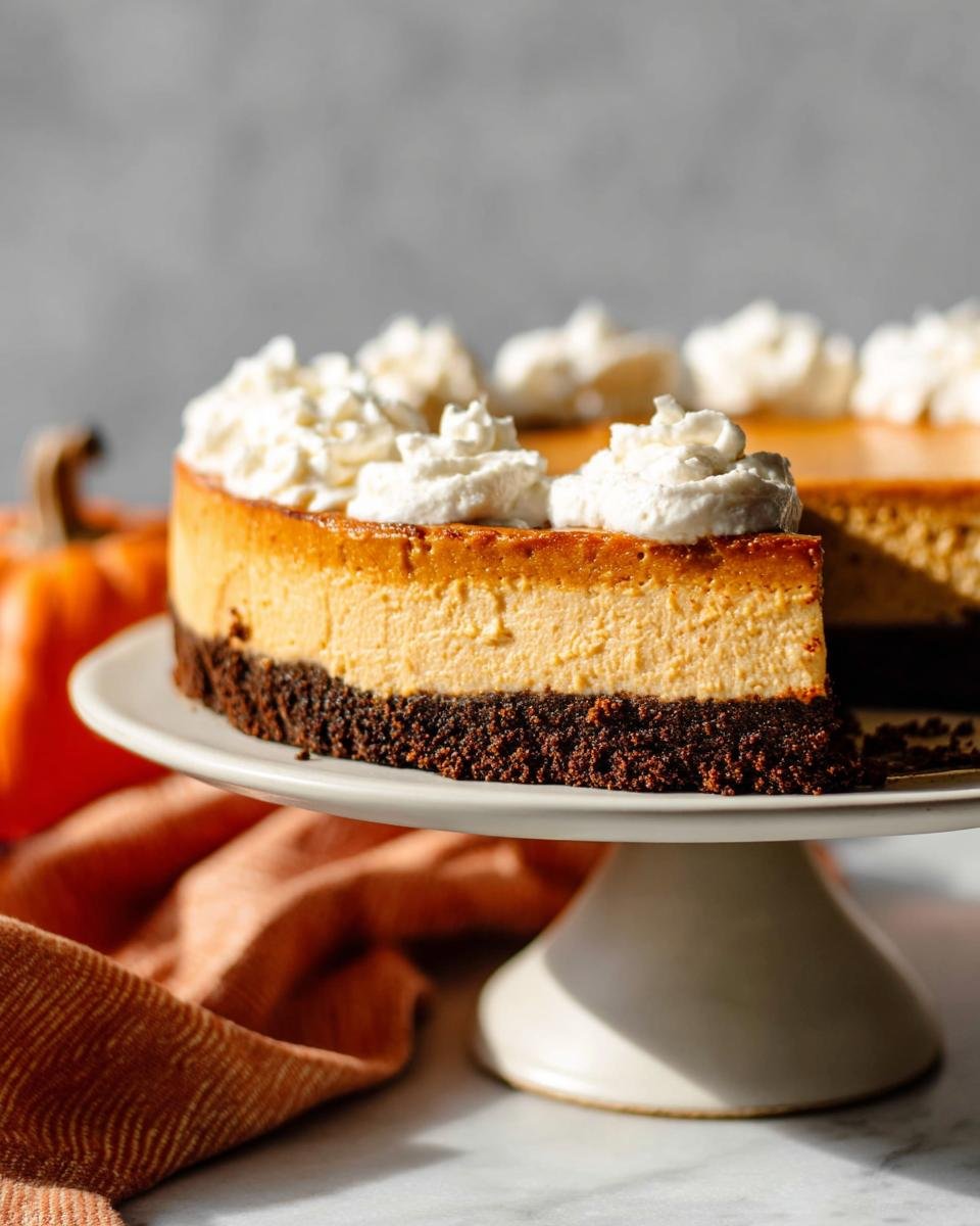 A slice removed from a No-Bake Pumpkin Cheesecake with a dark crust, topped with dollops of whipped cream.