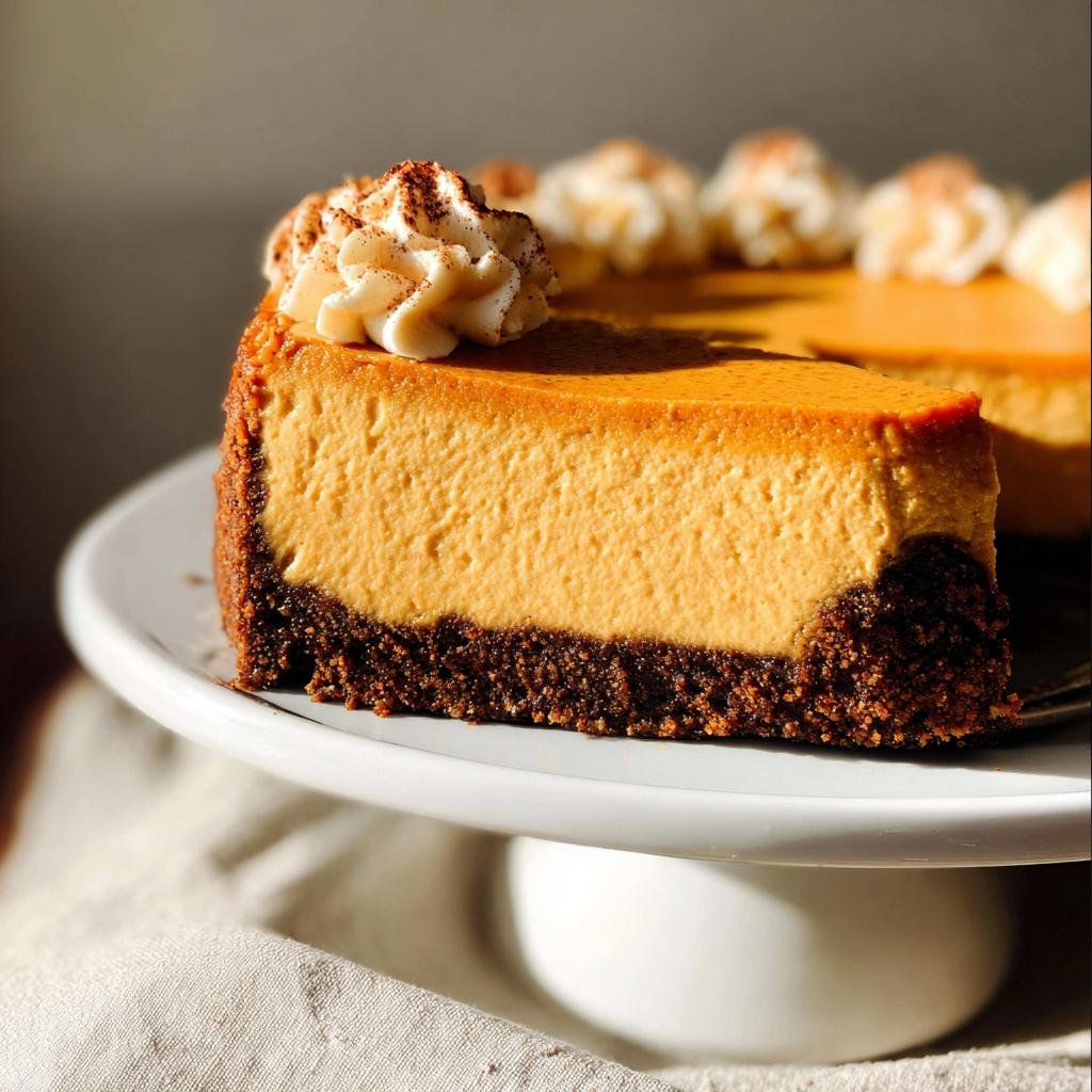 A close-up slice of rich, orange No-Bake Pumpkin Cheesecake with a dark crust and whipped cream topping.