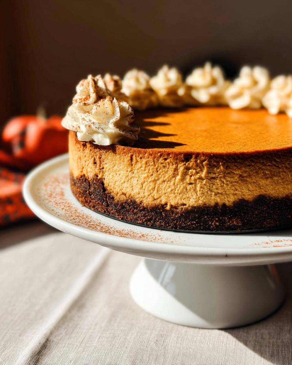 A whole No-Bake Pumpkin Cheesecake with a dark crust, topped with piped whipped cream rosettes.