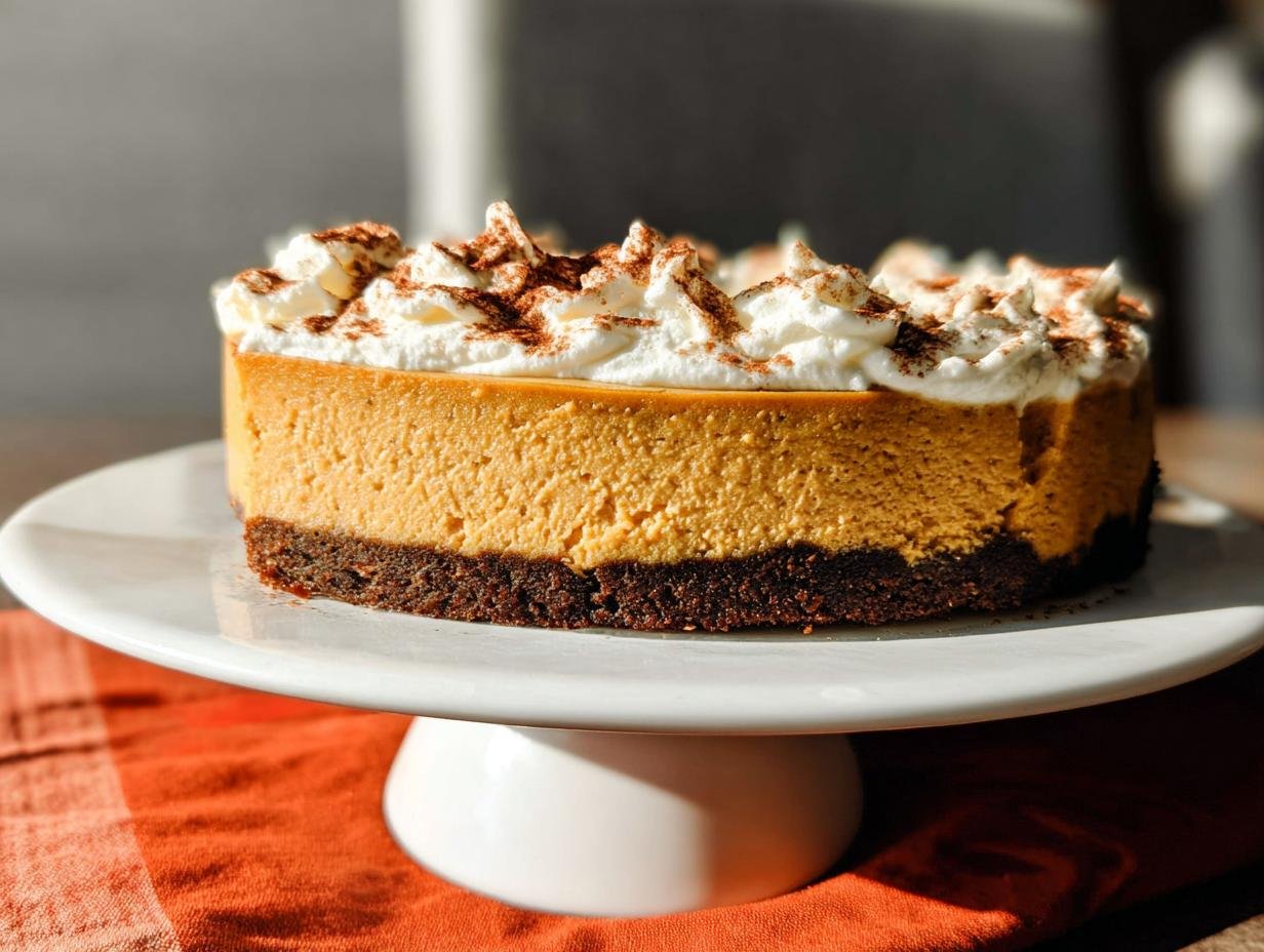A whole No-Bake Pumpkin Cheesecake with a dark crust, topped with whipped cream and cinnamon, displayed on a white pedestal.