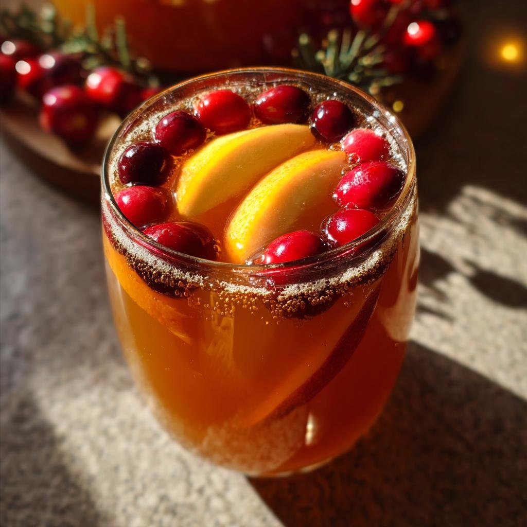 A glass filled with Non-Alcoholic Harvest Punch garnished with fresh cranberries and apple slices.