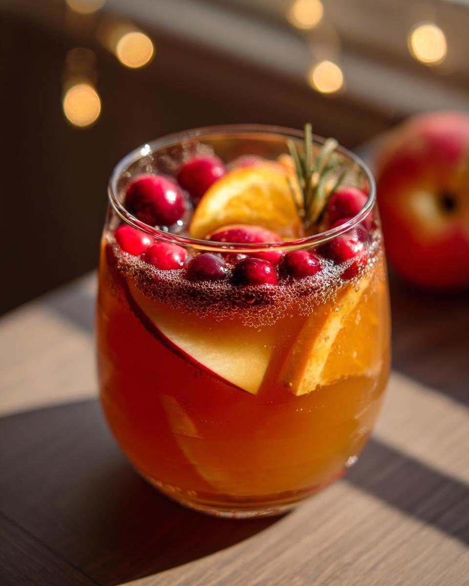 Close-up of a glass filled with Non-Alcoholic Harvest Punch, garnished with cranberries, orange slices, and rosemary.
