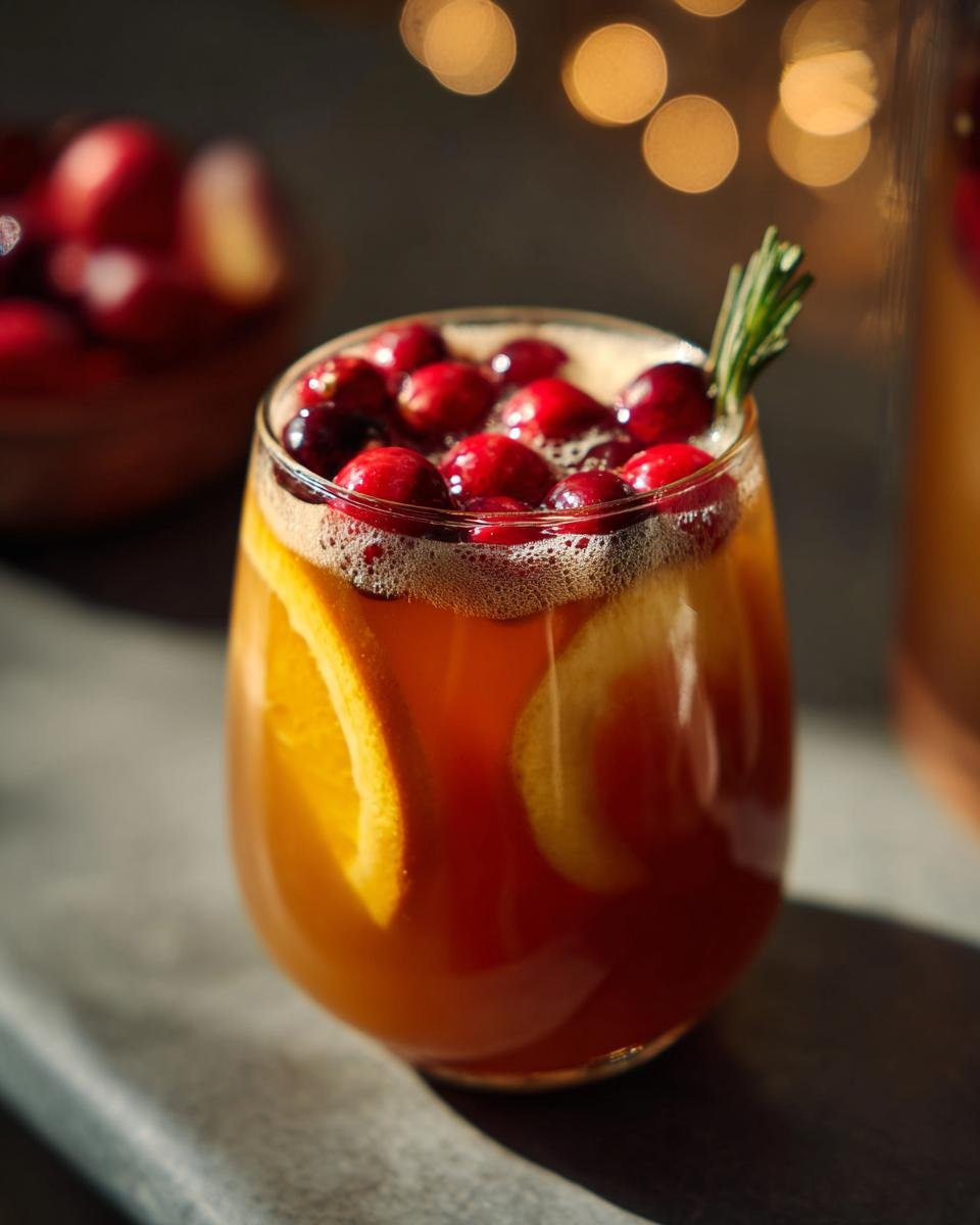 A glass filled with Non-Alcoholic Harvest Punch, garnished with fresh cranberries, orange slices, and rosemary.