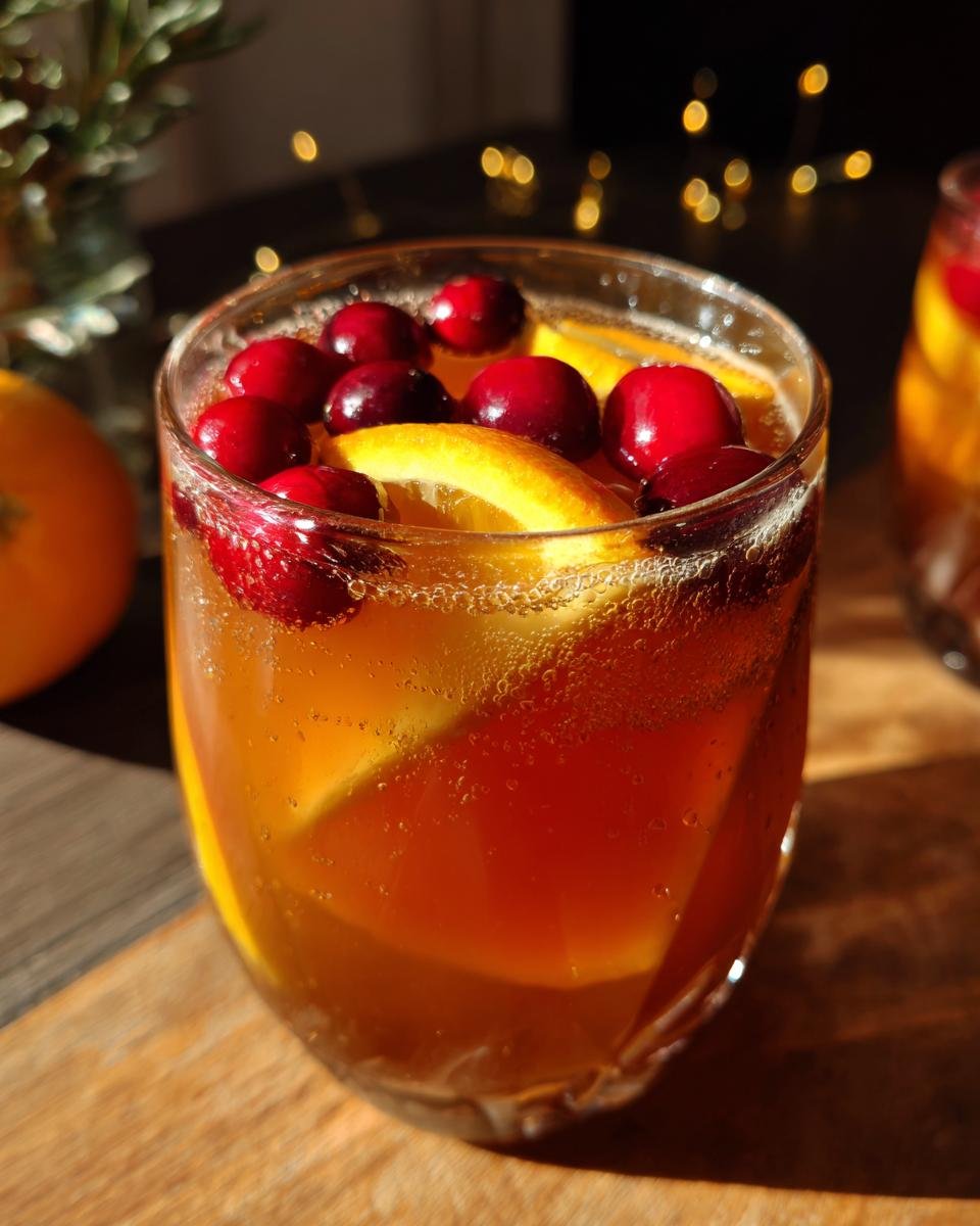 Close-up of a glass filled with Non-Alcoholic Harvest Punch, garnished with fresh cranberries and orange slices.